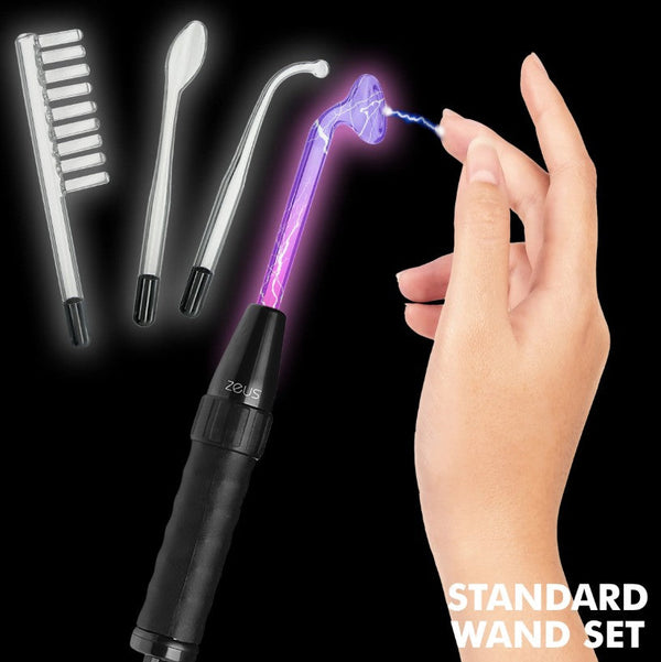 Zeus Twilight Violet Wand Standard Set with black handle and three glass attachments sparking purple