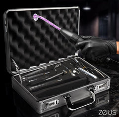 Zeus Ultimate Edition Violet Wand Set displayed open in a locking aluminum carry case with glowing electrode attachment