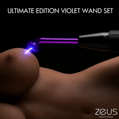 Zeus Ultimate Edition Violet Wand Set tongue electrode producing a blue-violet spark above a curved body surface