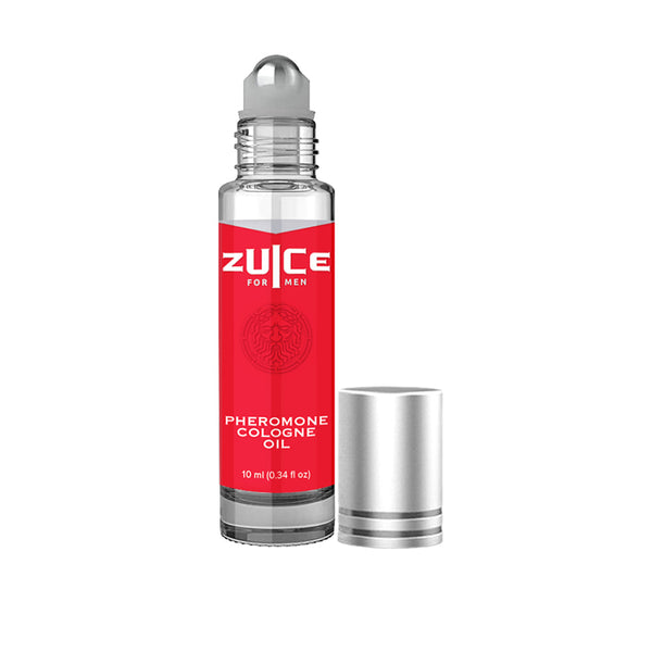 Zuice for Men Pheromone Cologne Oil 10ml roll-on bottle with silver cap removed, clear glass