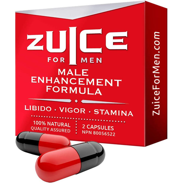 Zuice for Men red box with two red-and-black capsules, herbal male enhancement formula