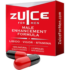 Zuice for Men red box with two red-and-black capsules, herbal male enhancement formula