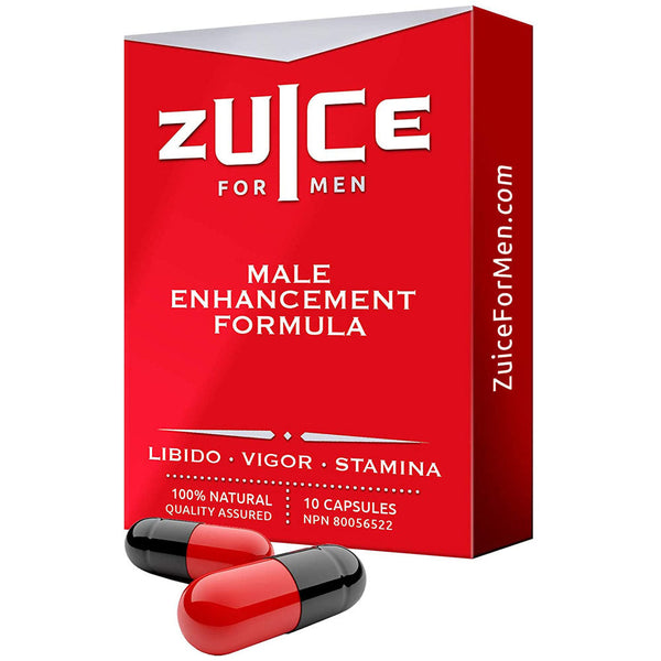 Zuice for Men red box with two red-and-black capsules, labeled libido, vigor, and stamina