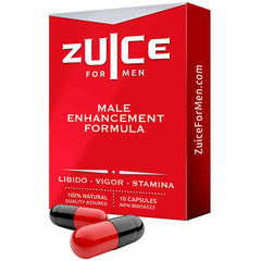 Zuice for Men red box with two red-and-black capsules, labeled libido, vigor, and stamina